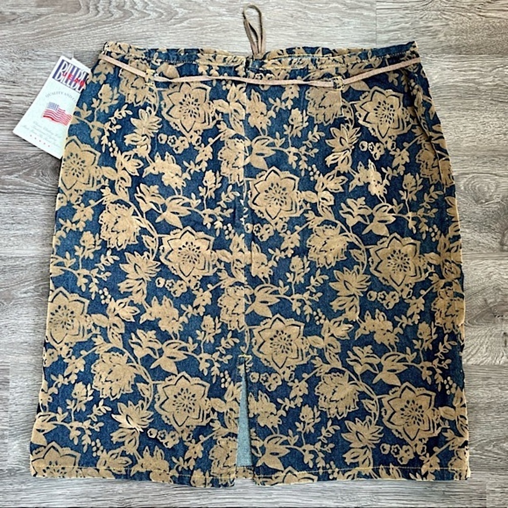 Vintage BILL BLASS JEANS Blue Denim Knee Length Skirt Tan Floral Appliqué 14 NWT - Picture 10 of 16